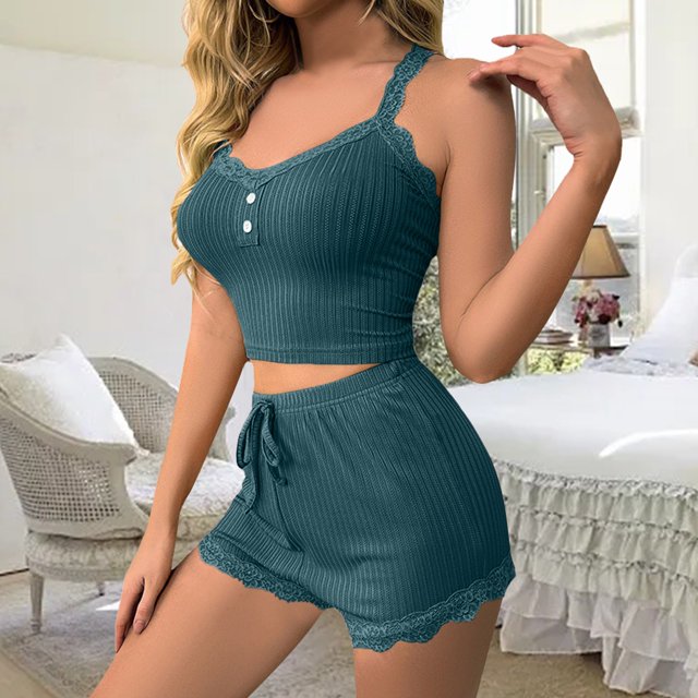 Contrast Lace Button Front Crop Cami Top & Shorts PJ Set / Pajama Set Lounge Set