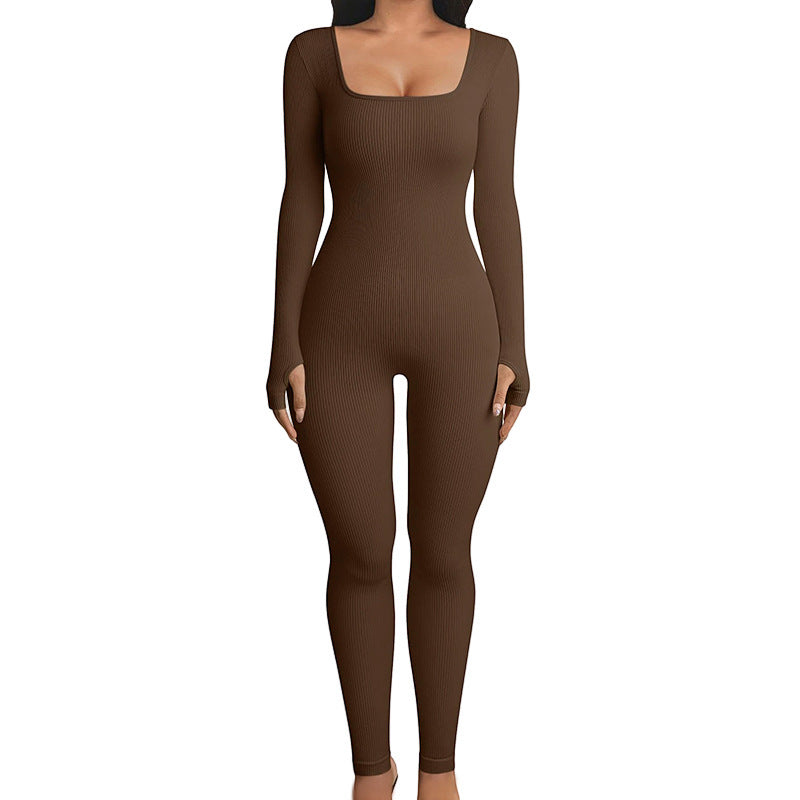 Stretchy Flattering Women’s Jumpsuit – Long Sleeve Square Neck, Ribbed Nylon-Spandex, Seamless Yoga Athleisure