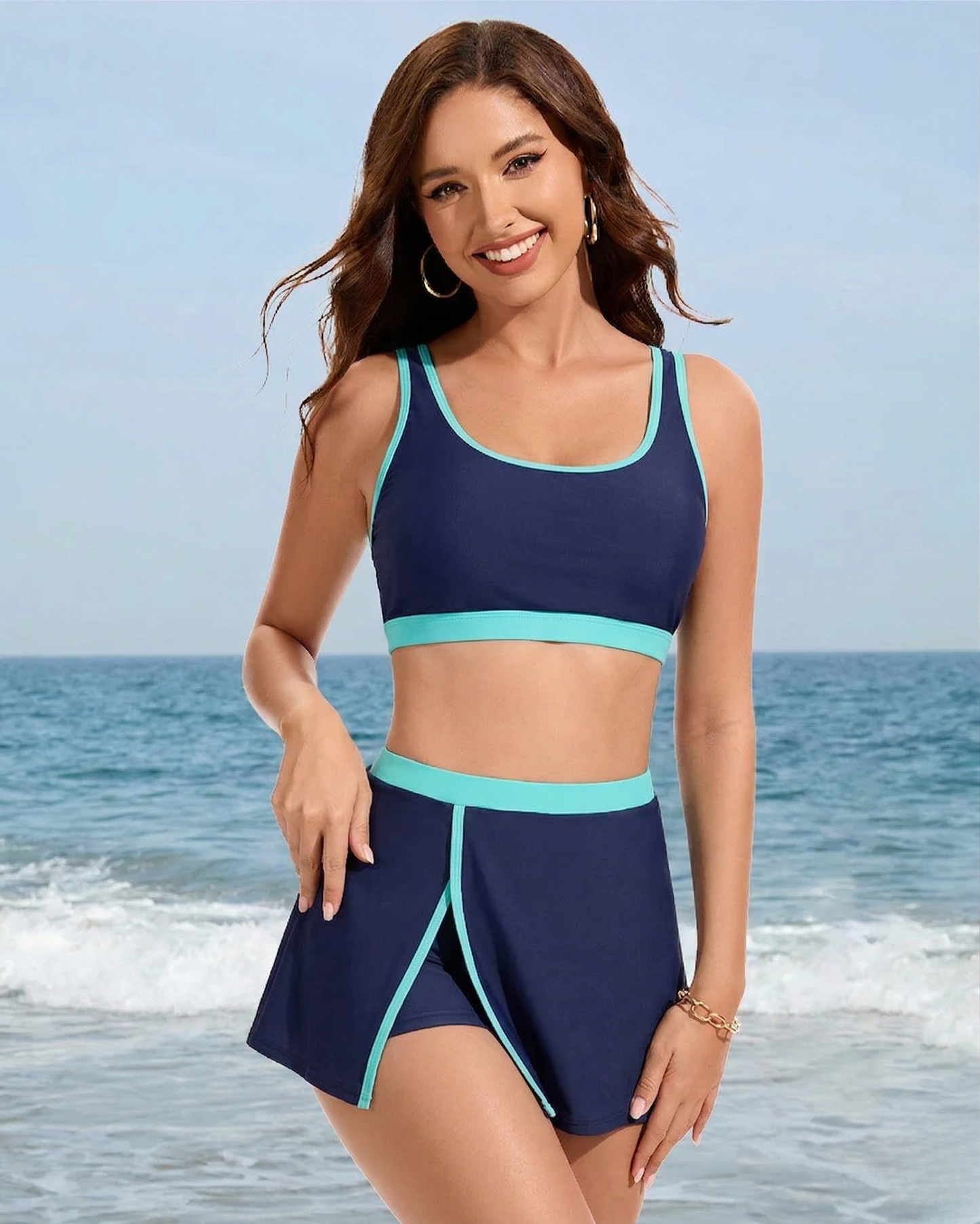 Sporty Color Block Side Slit Skirted Bikini Set