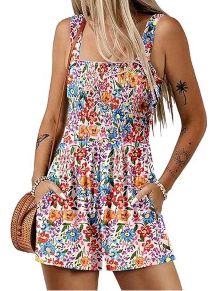 Women's Summer New Fashionable Printed Casual Square Neck Sexy Sleeveless Loose Shorts Beach Vacation Jumpsuit