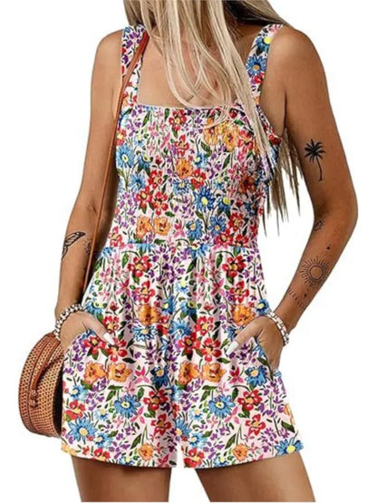 Women's Summer New Fashionable Printed Casual Square Neck Sexy Sleeveless Loose Shorts Beach Vacation Jumpsuit