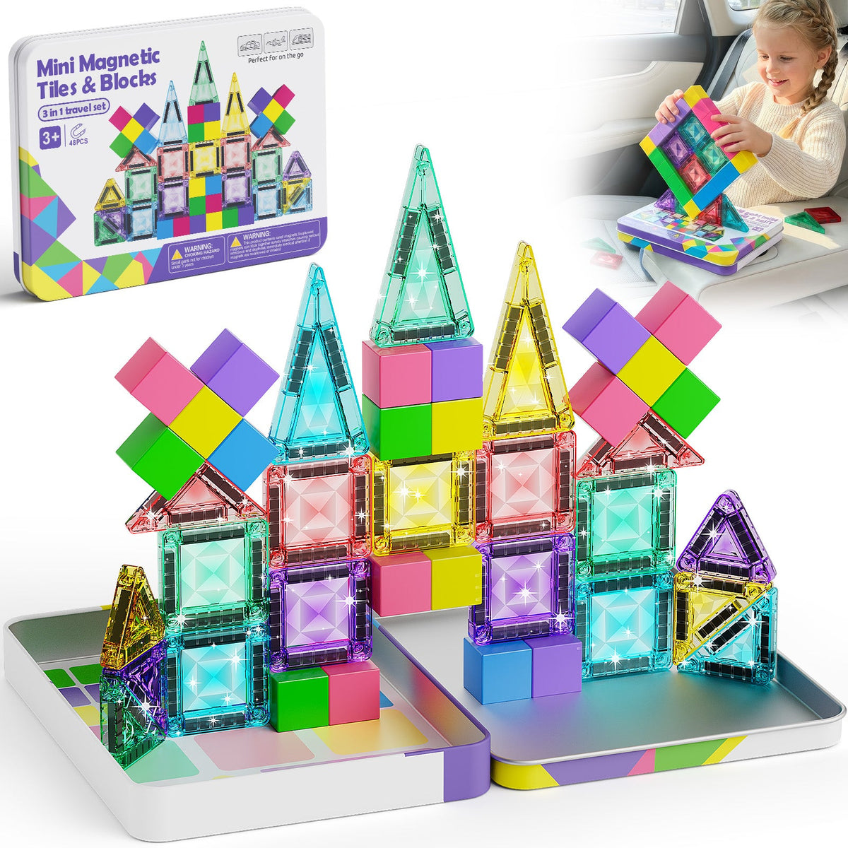 TinyTrek 3-in-1 Magnetic Tiles & Blocks Travel Set (48 Pieces)
