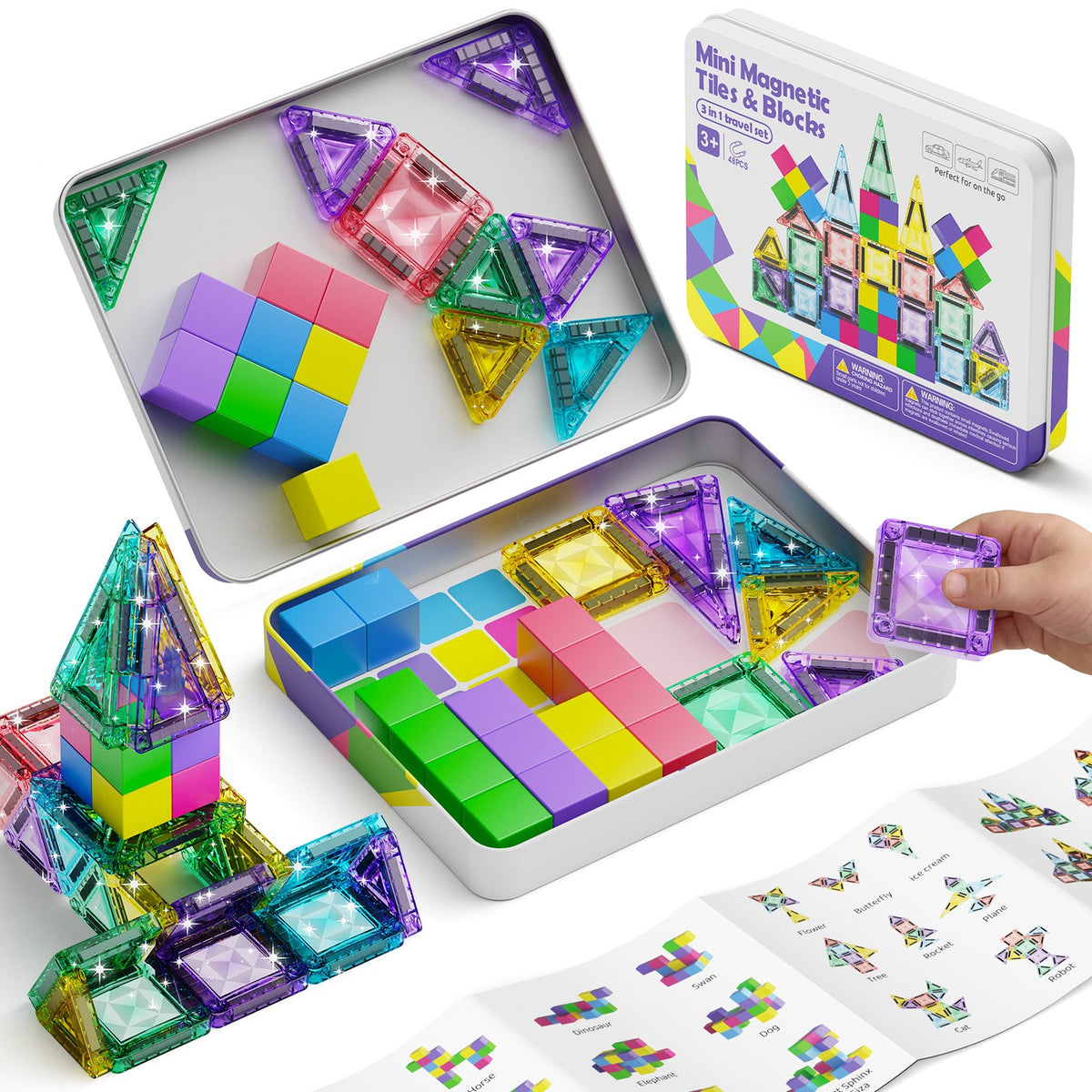TinyTrek 3-in-1 Magnetic Tiles & Blocks Travel Set (48 Pieces)