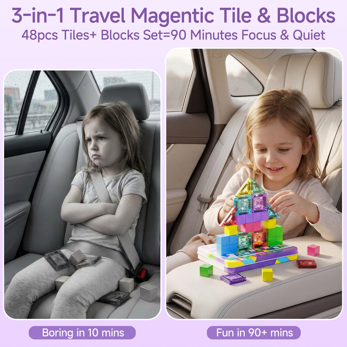 TinyTrek 3-in-1 Magnetic Tiles & Blocks Travel Set (48 Pieces)