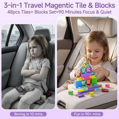TinyTrek 3-in-1 Magnetic Tiles & Blocks Travel Set (48 Pieces)