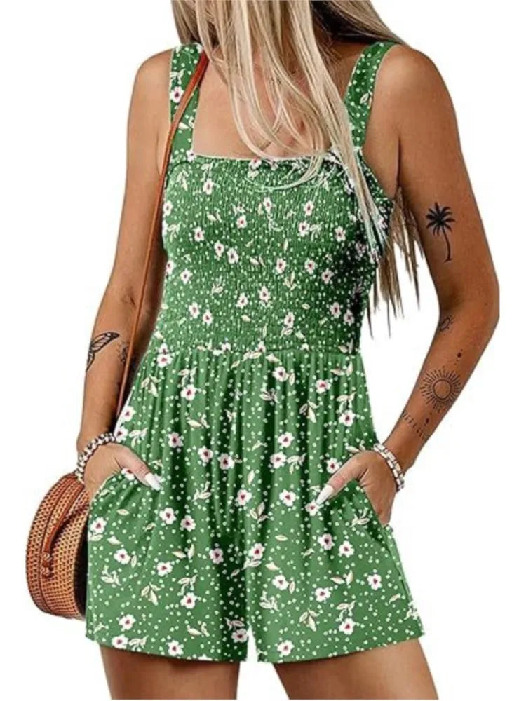 Women's Summer New Fashionable Printed Casual Square Neck Sexy Sleeveless Loose Shorts Beach Vacation Jumpsuit