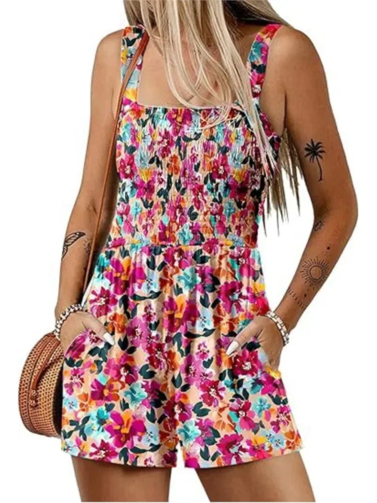 Women's Summer New Fashionable Printed Casual Square Neck Sexy Sleeveless Loose Shorts Beach Vacation Jumpsuit