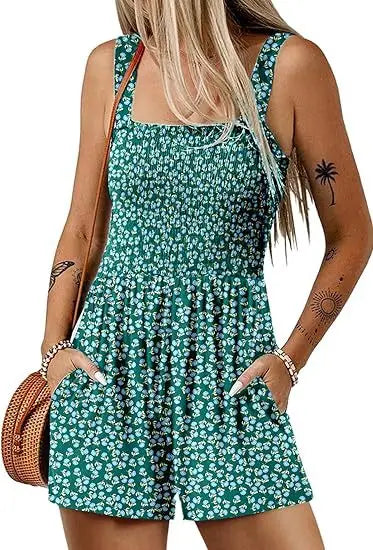 Women's Summer New Fashionable Printed Casual Square Neck Sexy Sleeveless Loose Shorts Beach Vacation Jumpsuit