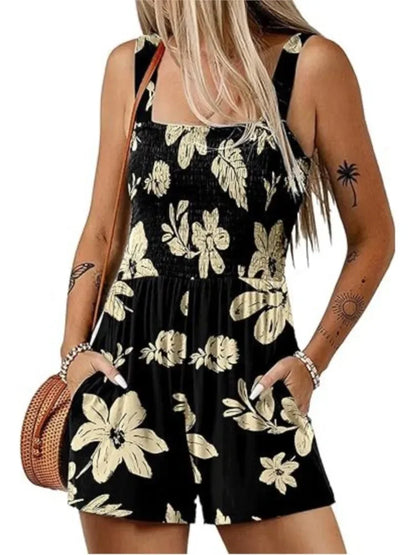 Women's Summer New Fashionable Printed Casual Square Neck Sexy Sleeveless Loose Shorts Beach Vacation Jumpsuit