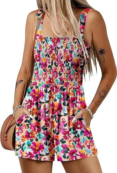 Women's Summer New Fashionable Printed Casual Square Neck Sexy Sleeveless Loose Shorts Beach Vacation Jumpsuit